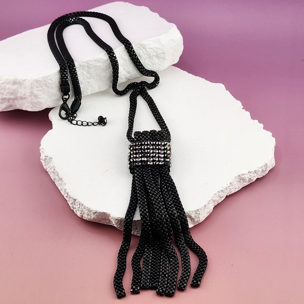 Black Seed Bead Tassel Pendant Necklace Gunmetal Faceted Bead Gothic Statement